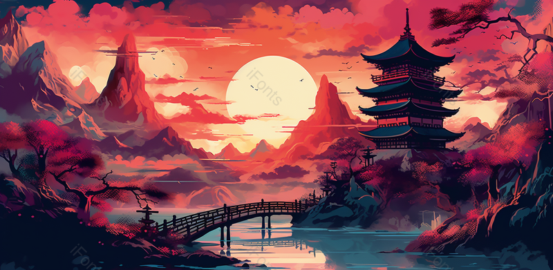 日出日落时分小乔流水中式古风建筑国潮山水插画,插画/手绘图,插画/手绘图库,插画/手绘图下载,插画/手绘